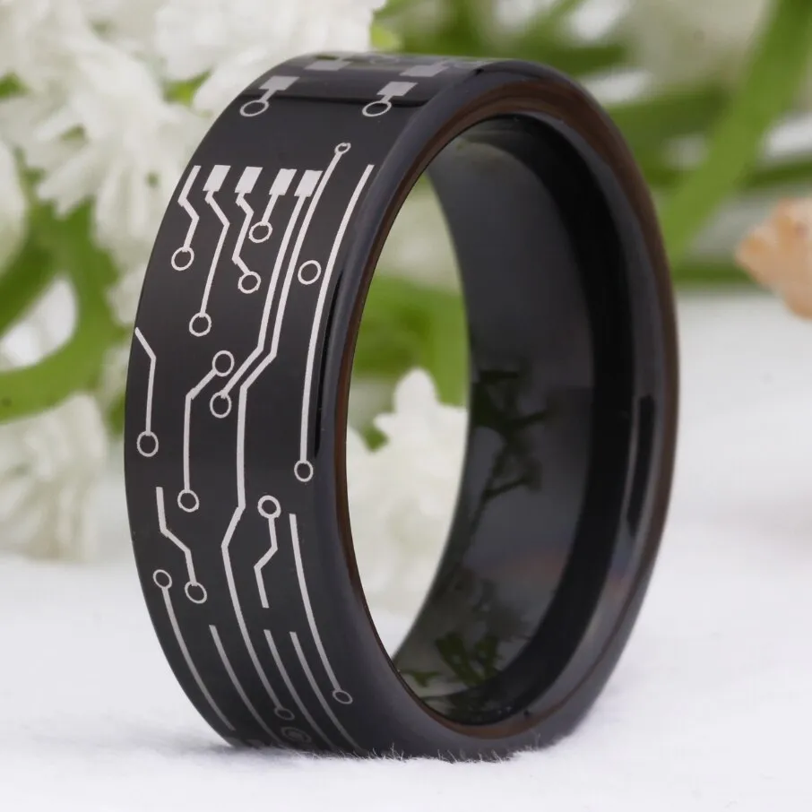 8mm Classic Circuit Board Design Black-Plated Tungsten Fashion Wedding Ring