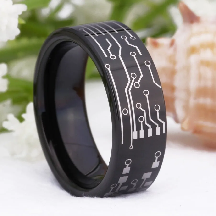 8mm Classic Circuit Board Design Black-Plated Tungsten Fashion Wedding Ring