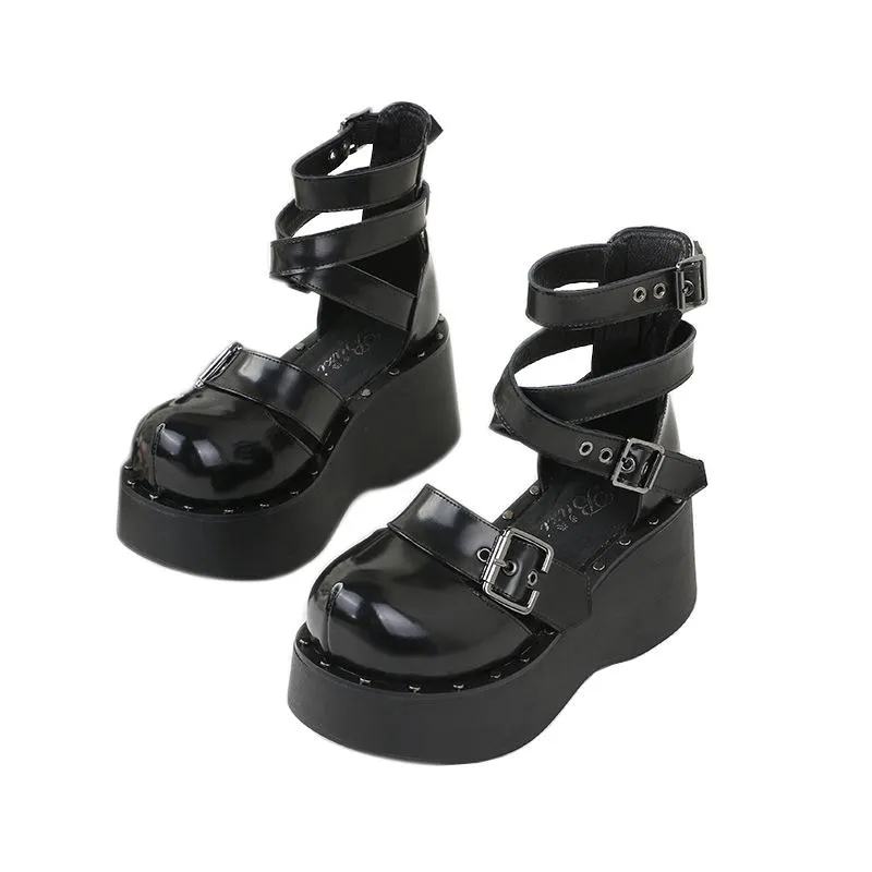 Black Lolita Cross Strap Buckle High-Platform Shoes SD00332