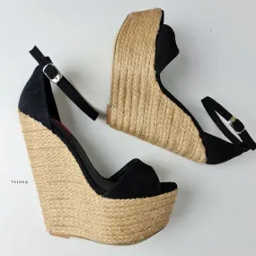 Black Suede Ankle Strap Wedge Sandals