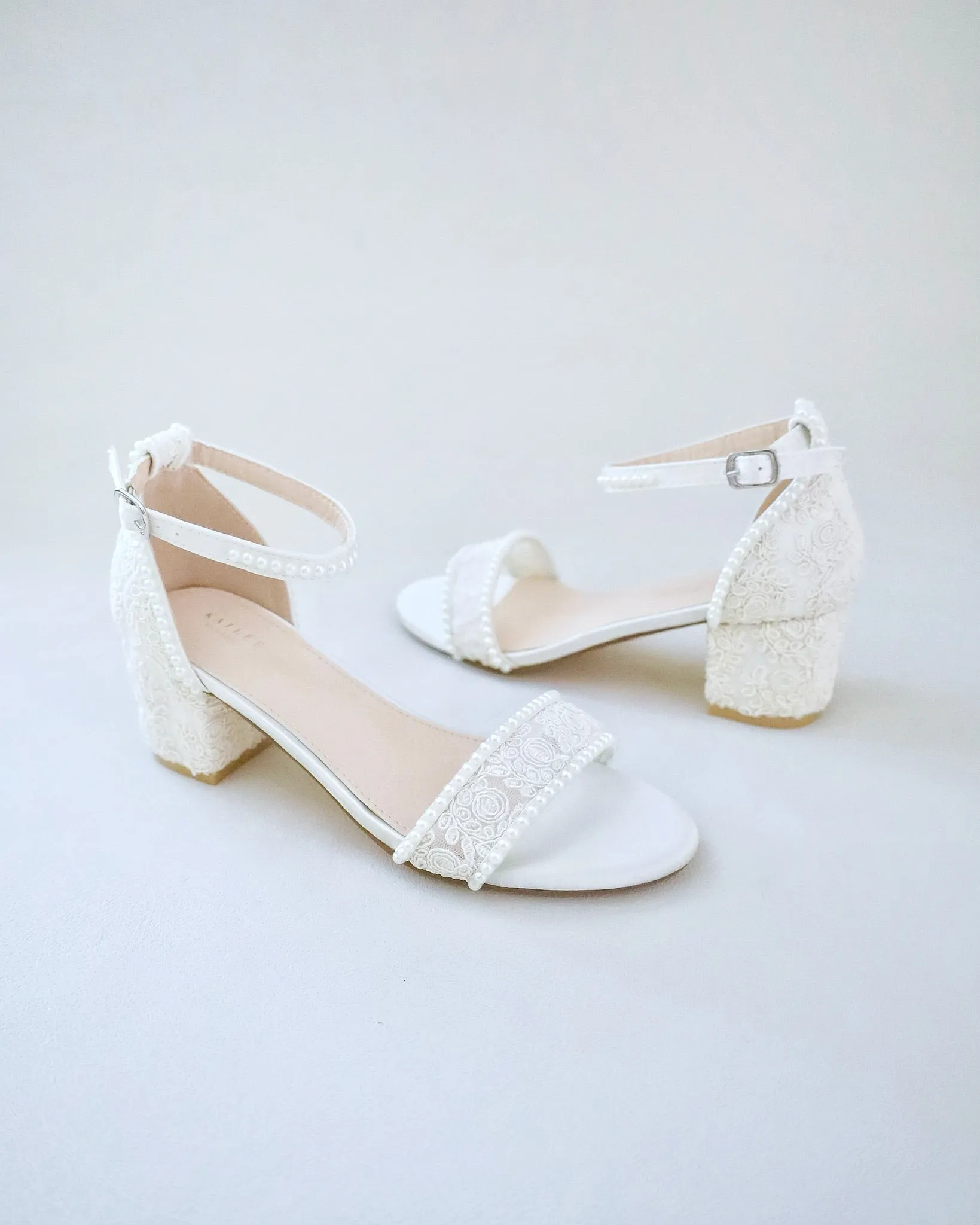 Crochet Lace Block Heel Wedding Sandals with Mini Pearls