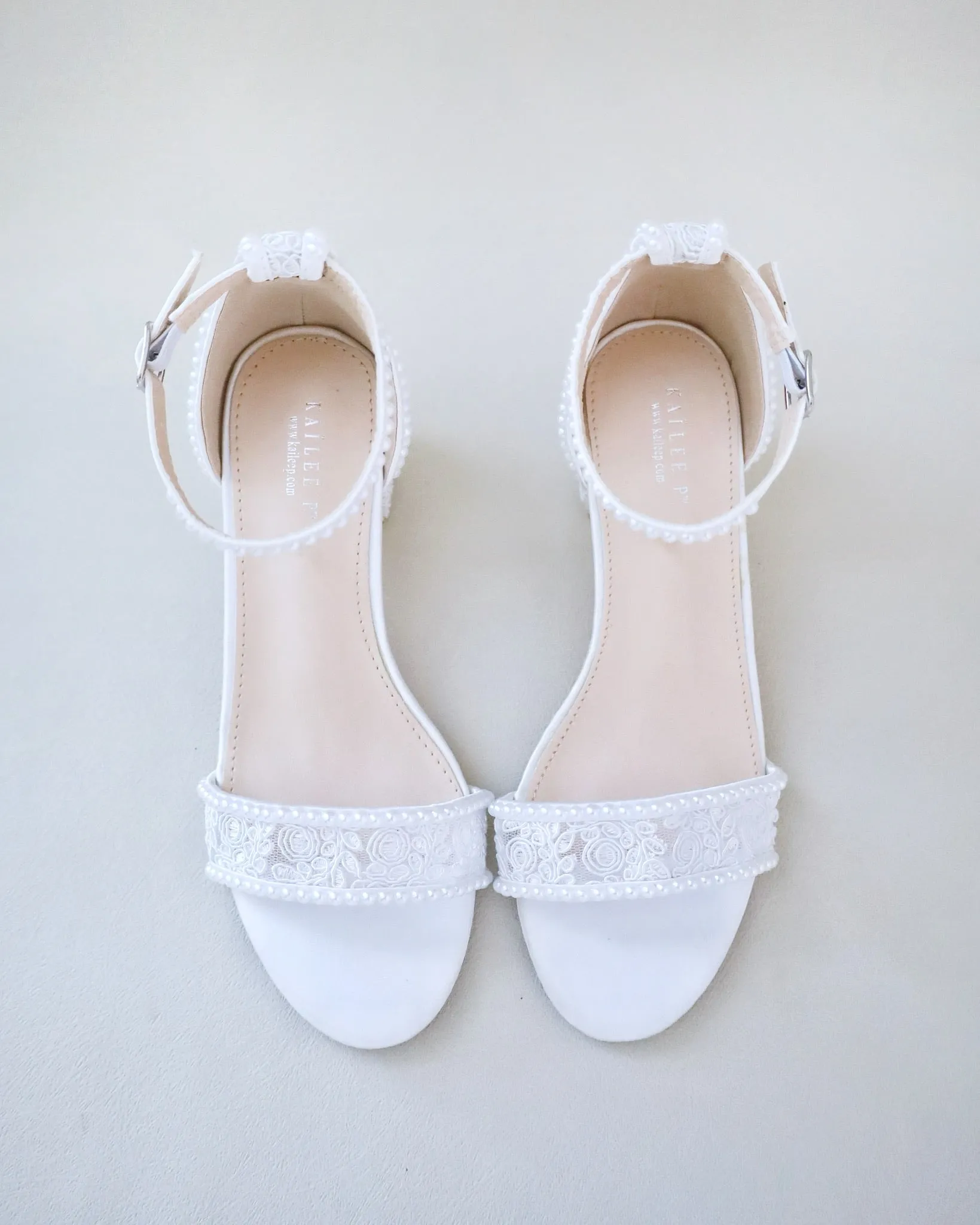 Crochet Lace Block Heel Wedding Sandals with Mini Pearls