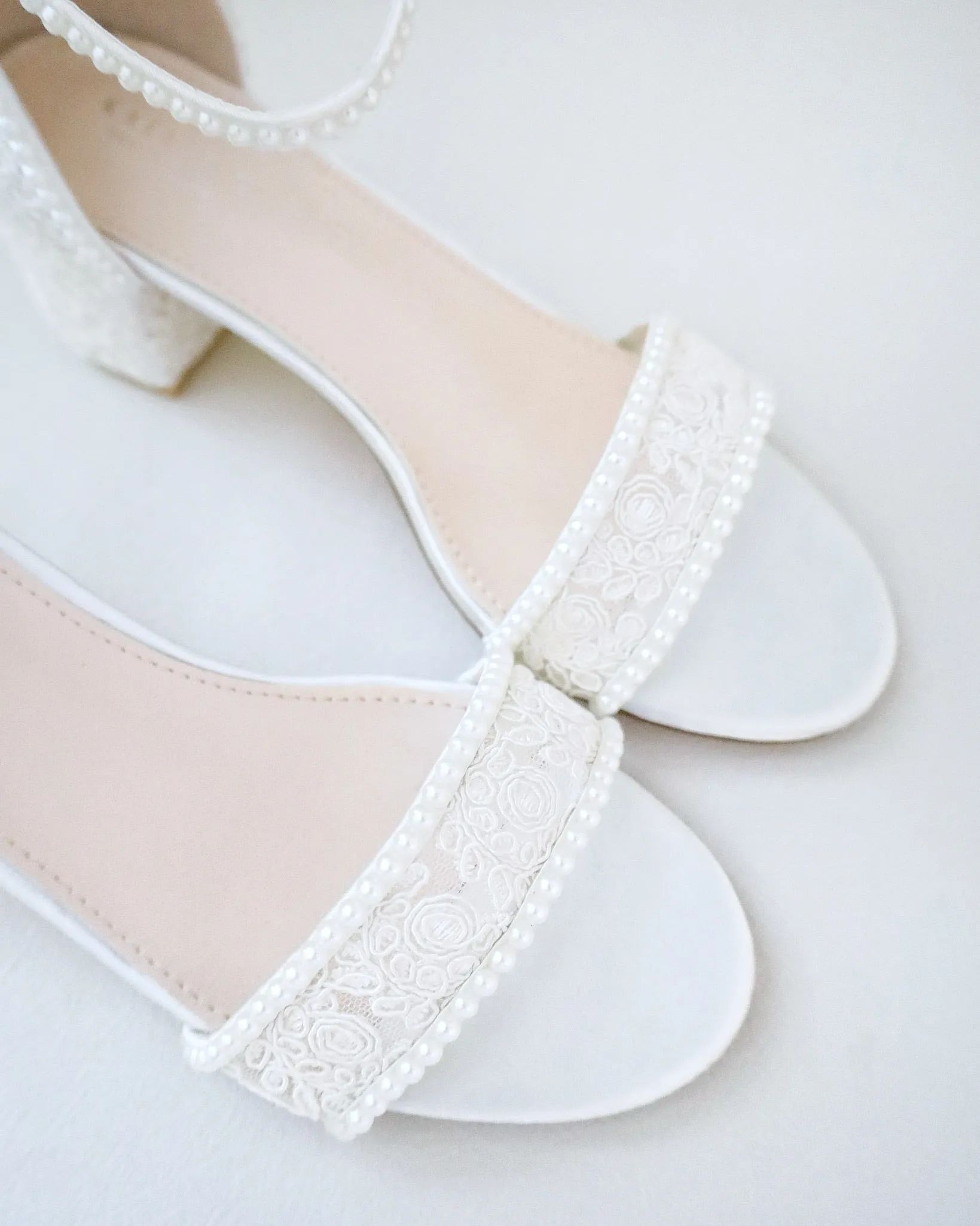 Crochet Lace Block Heel Wedding Sandals with Mini Pearls