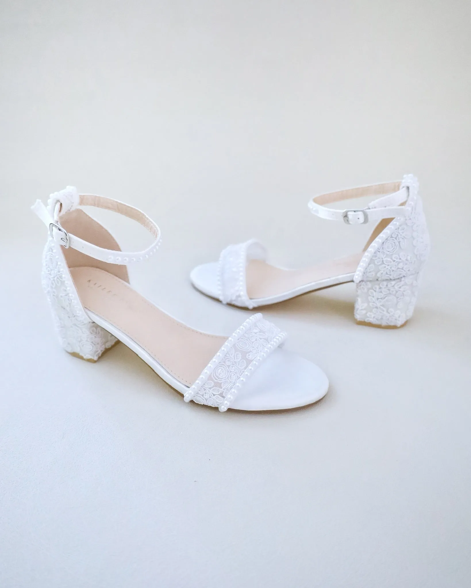 Crochet Lace Block Heel Wedding Sandals with Mini Pearls