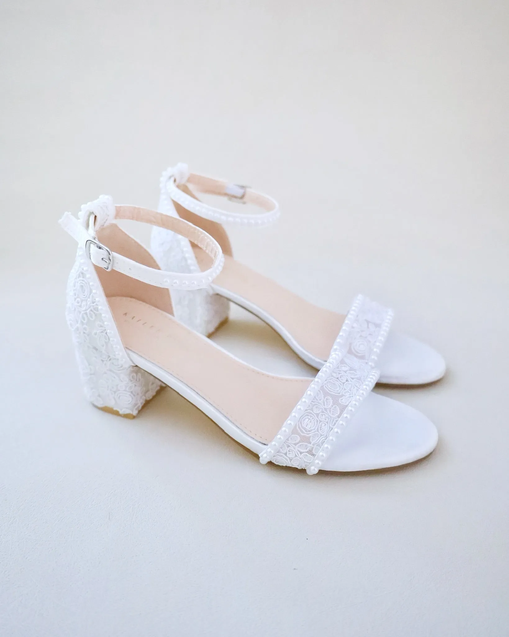 Crochet Lace Block Heel Wedding Sandals with Mini Pearls