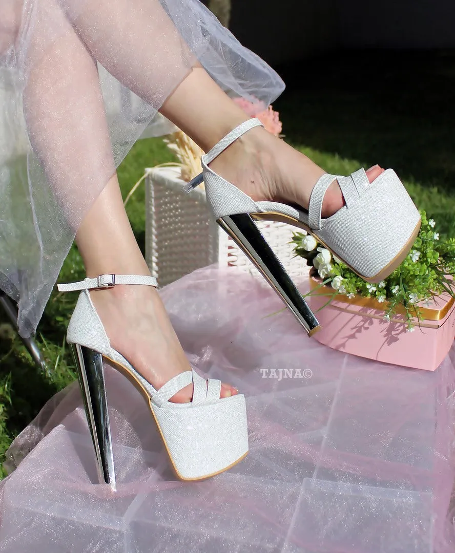 Cross Strap White Silver Shimmer Bridal Platform Shoes