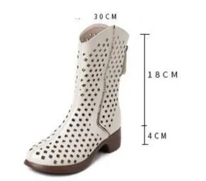 Fashionable Hollow Leather Mid-Calf Boots: RV215 Women's Casual Shoes