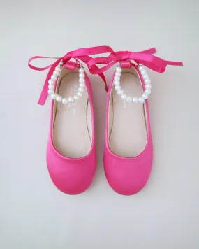 Fuchsia Satin Flats with Pearls Ankle Strap