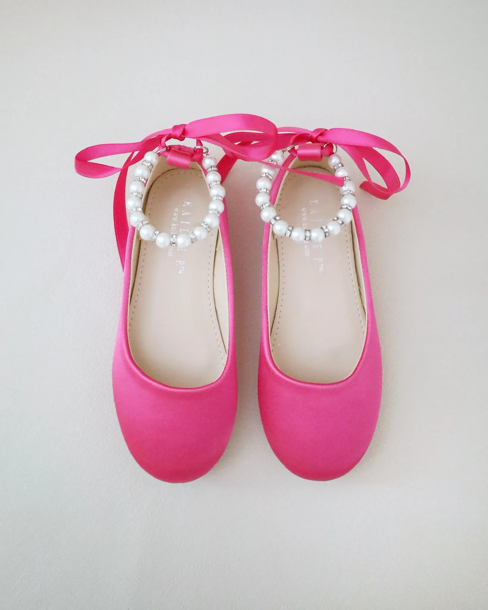 Fuchsia Satin Flats with Pearls Ankle Strap