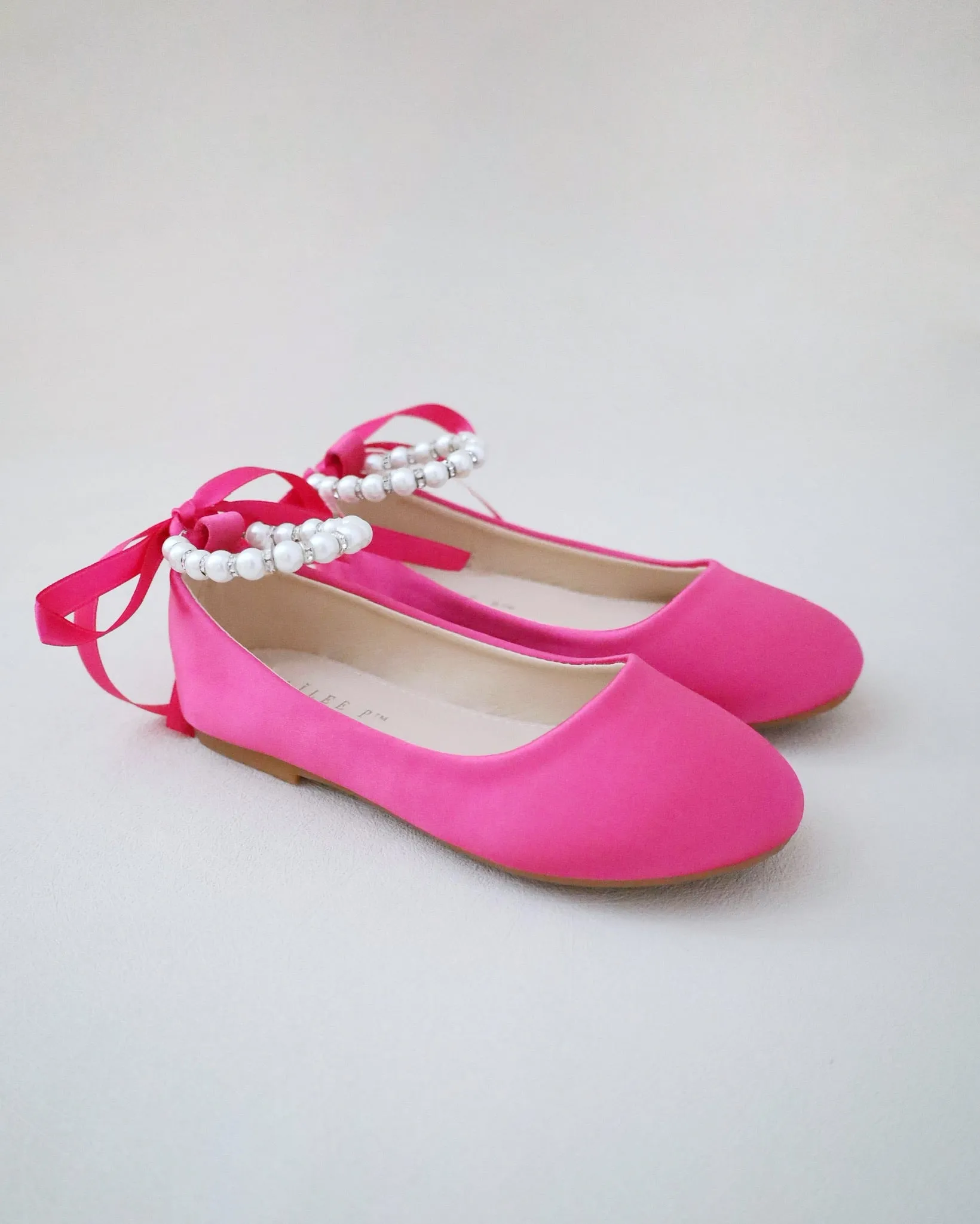 Fuchsia Satin Flats with Pearls Ankle Strap