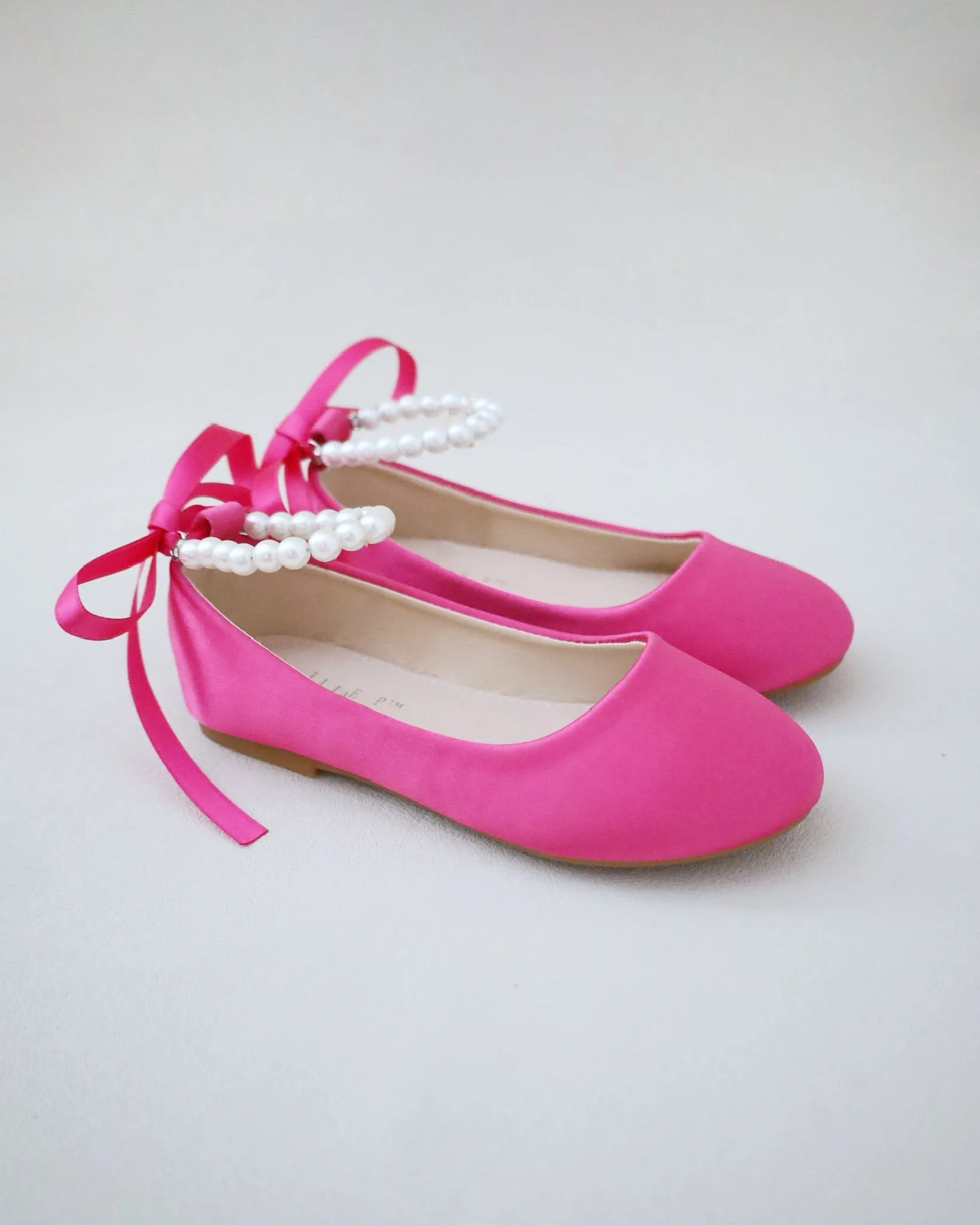 Fuchsia Satin Flats with Pearls Ankle Strap