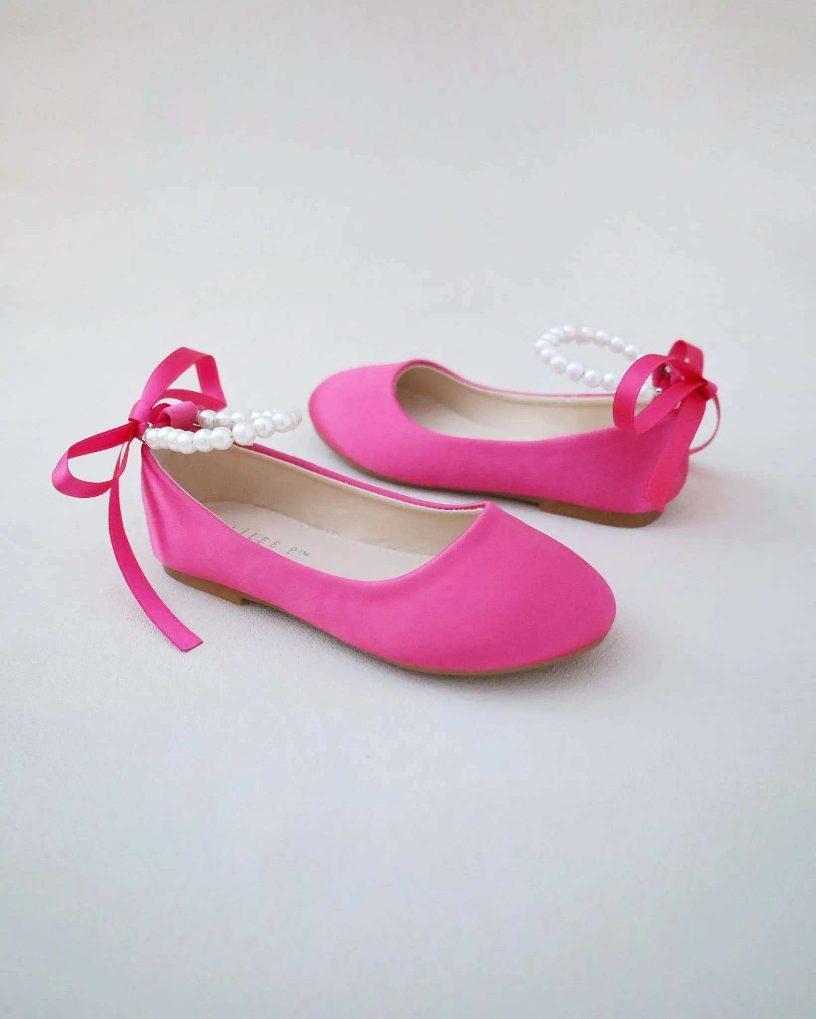 Fuchsia Satin Flats with Pearls Ankle Strap