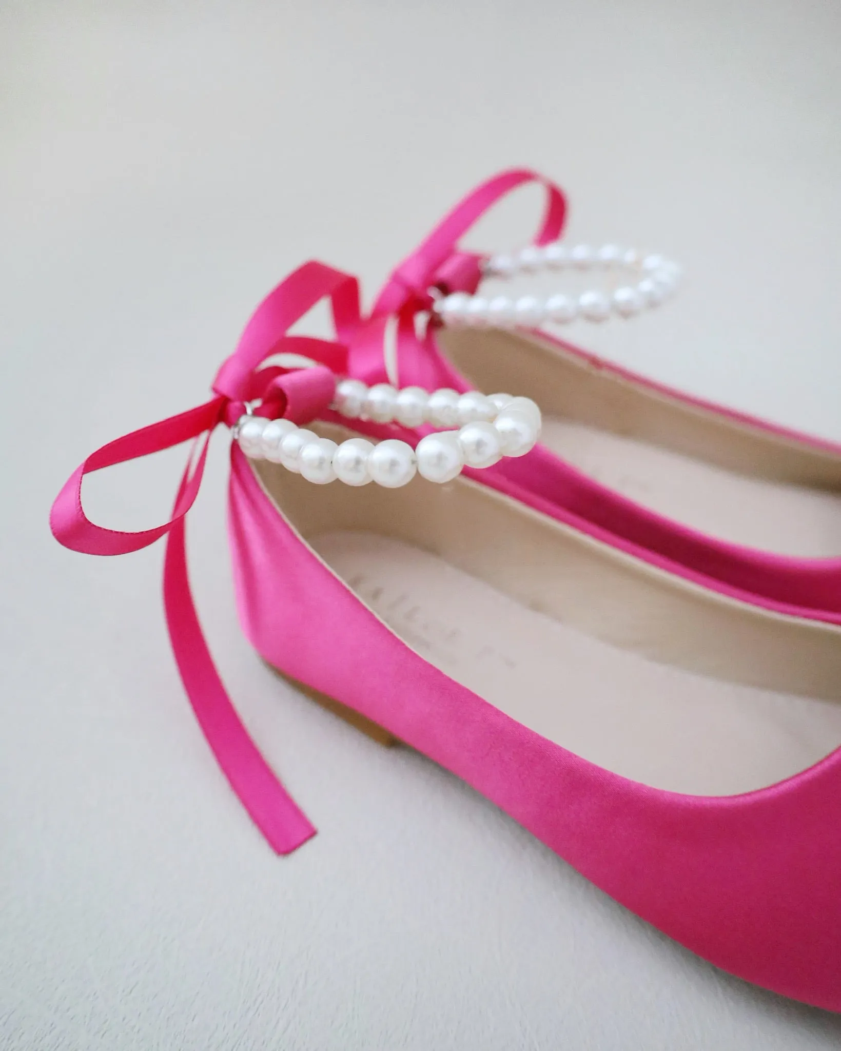 Fuchsia Satin Flats with Pearls Ankle Strap