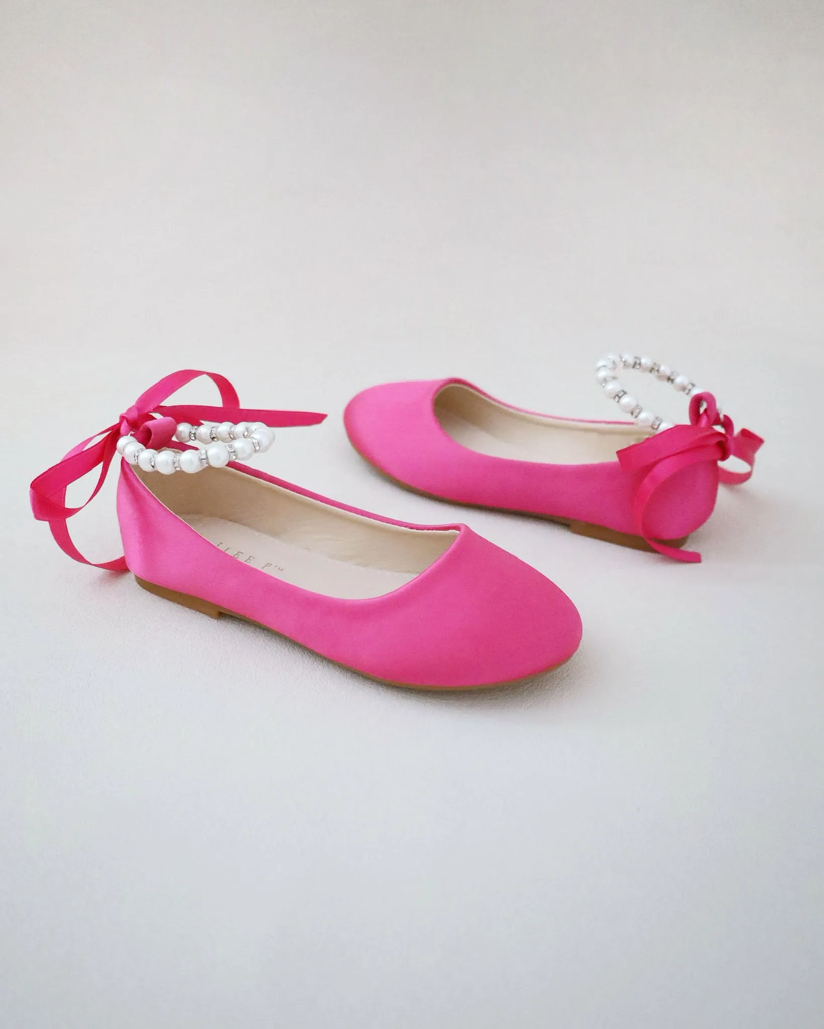 Fuchsia Satin Flats with Pearls Ankle Strap