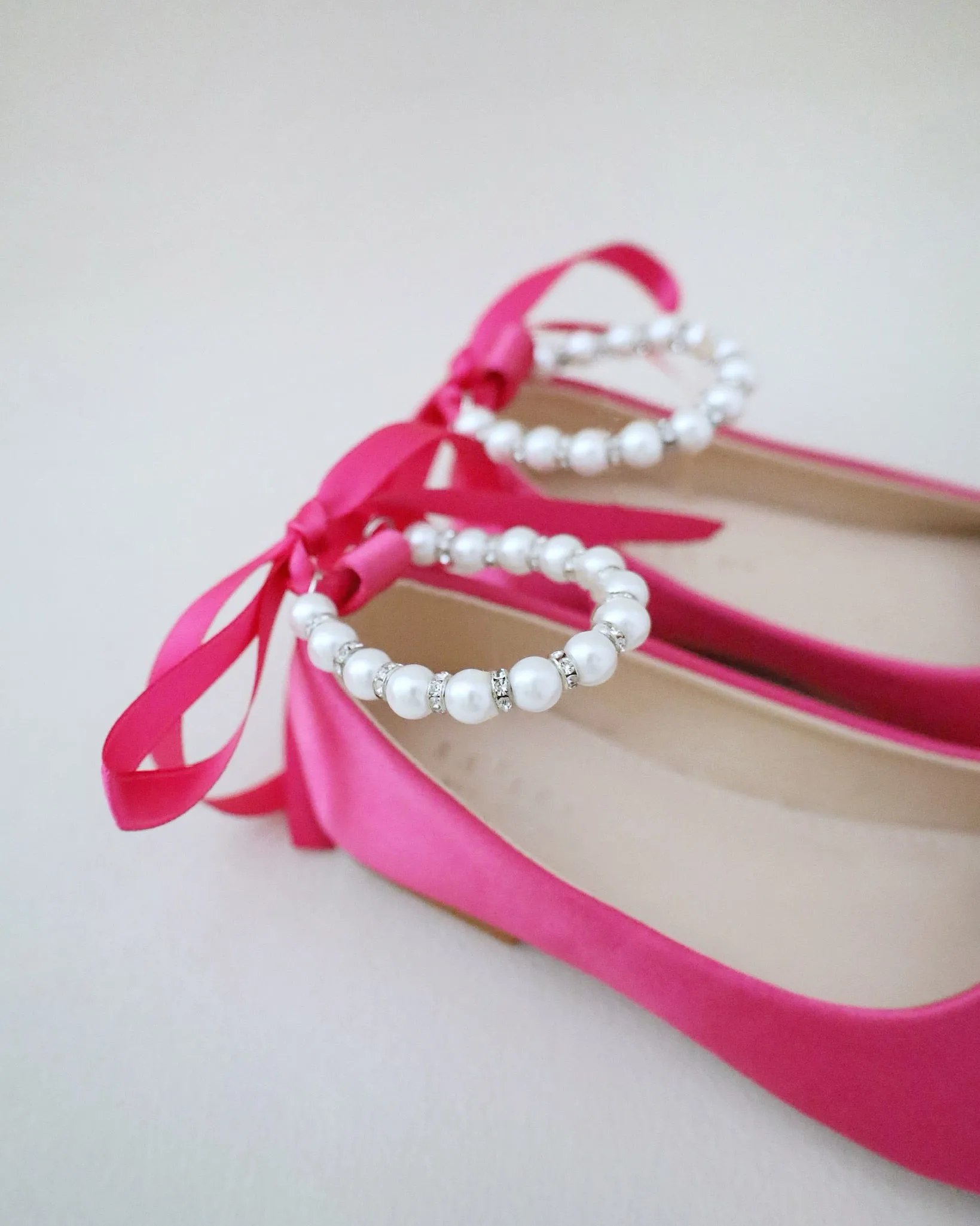 Fuchsia Satin Flats with Pearls Ankle Strap