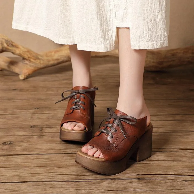 Handmade Leather Mules: LZ311 Women's High Heel Casual Shoes & Slippers