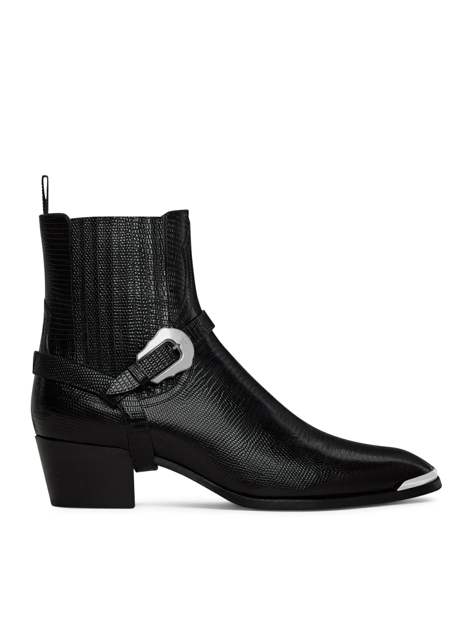 ISAAC WESTERN CHELSEA BOOT WITH HARNESS AND METAL TOE IN CALFSKIN WITH TEJUS PRINT BLACK