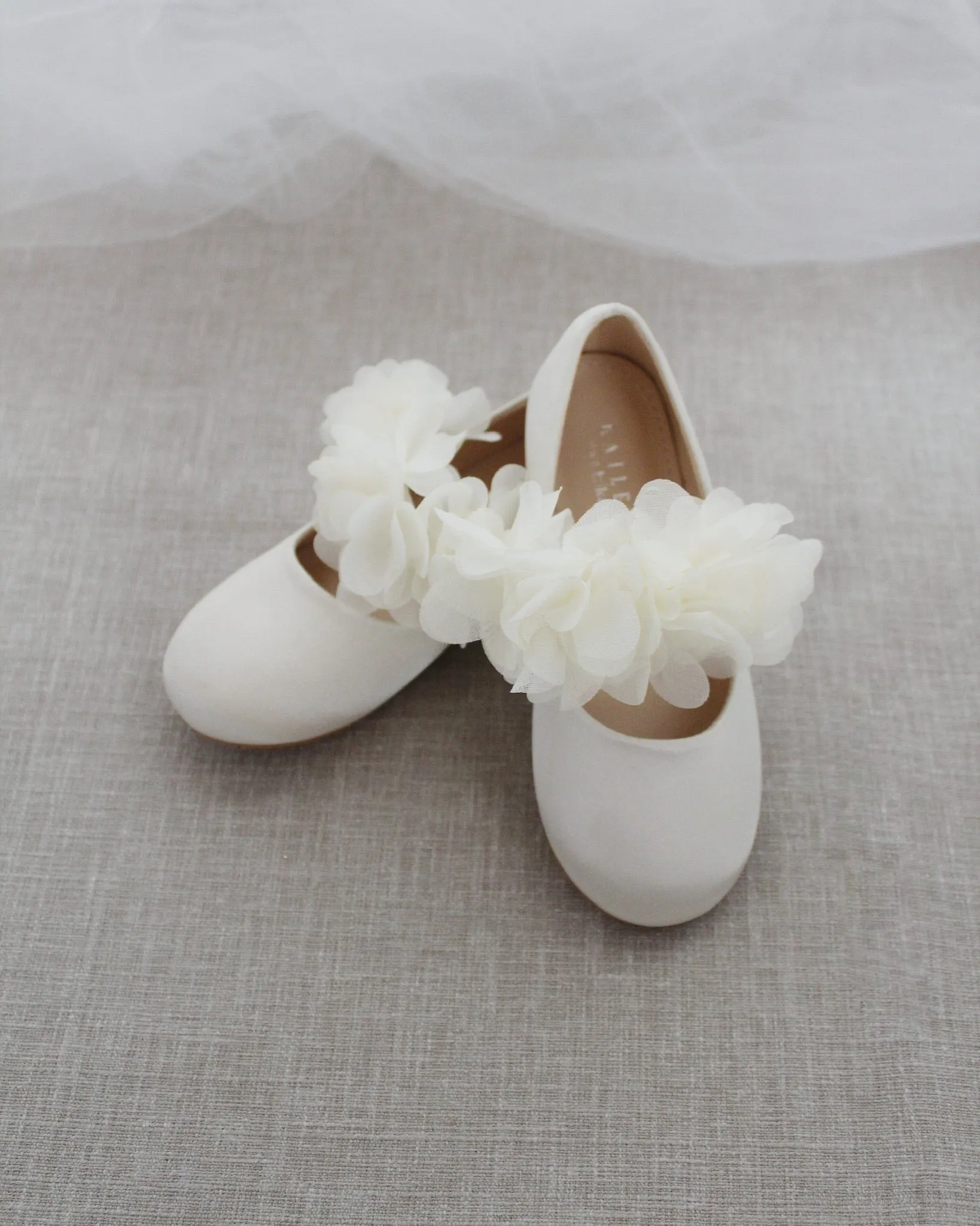 Ivory Satin Mary Jane Flats with Chiffon Flowers