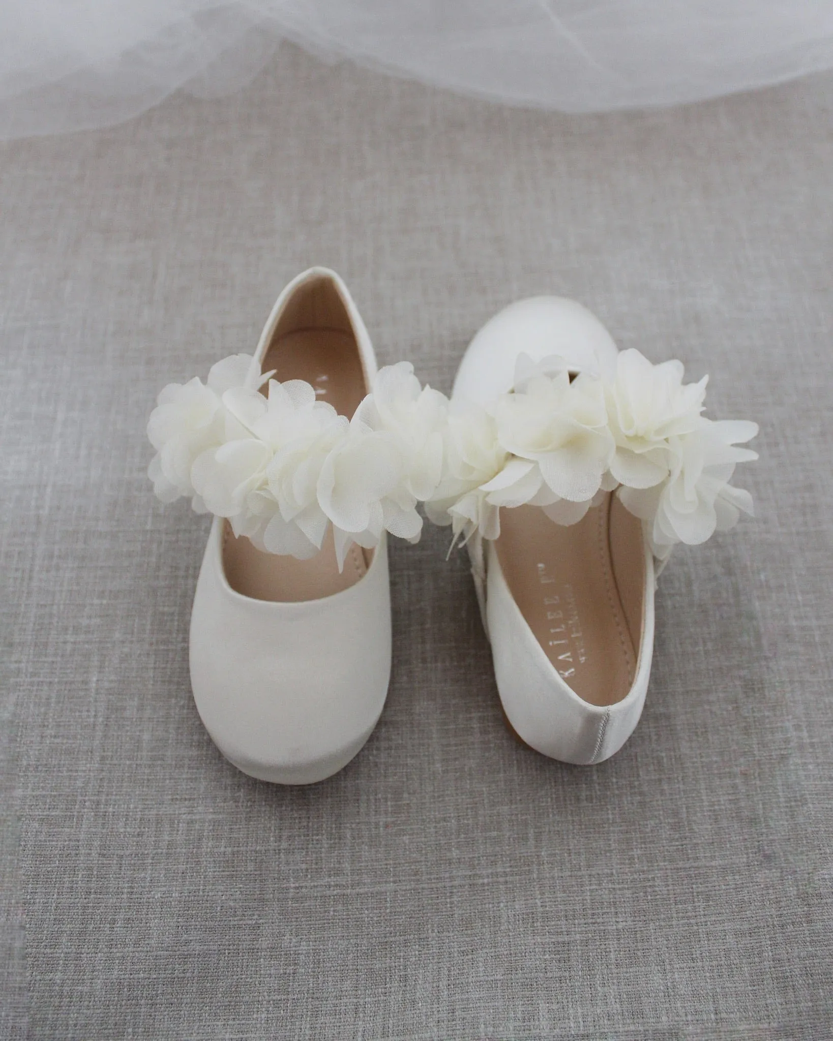 Ivory Satin Mary Jane Flats with Chiffon Flowers