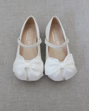 Ivory Satin Mary Jane Flats with Front Satin Bow