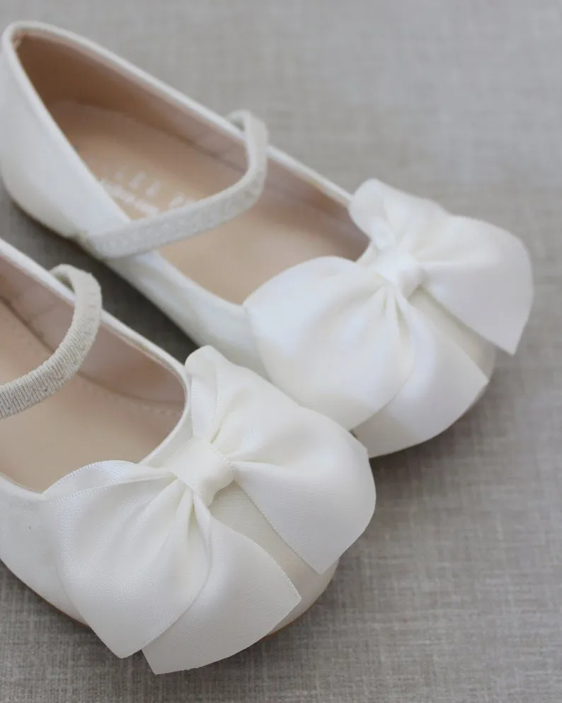 Ivory Satin Mary Jane Flats with Front Satin Bow