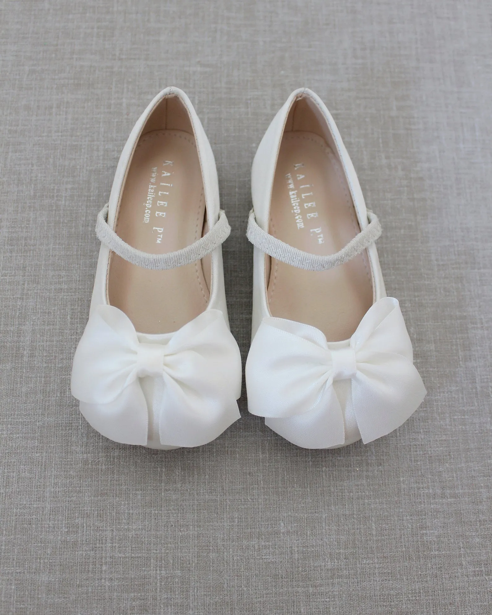 Ivory Satin Mary Jane Flats with Front Satin Bow