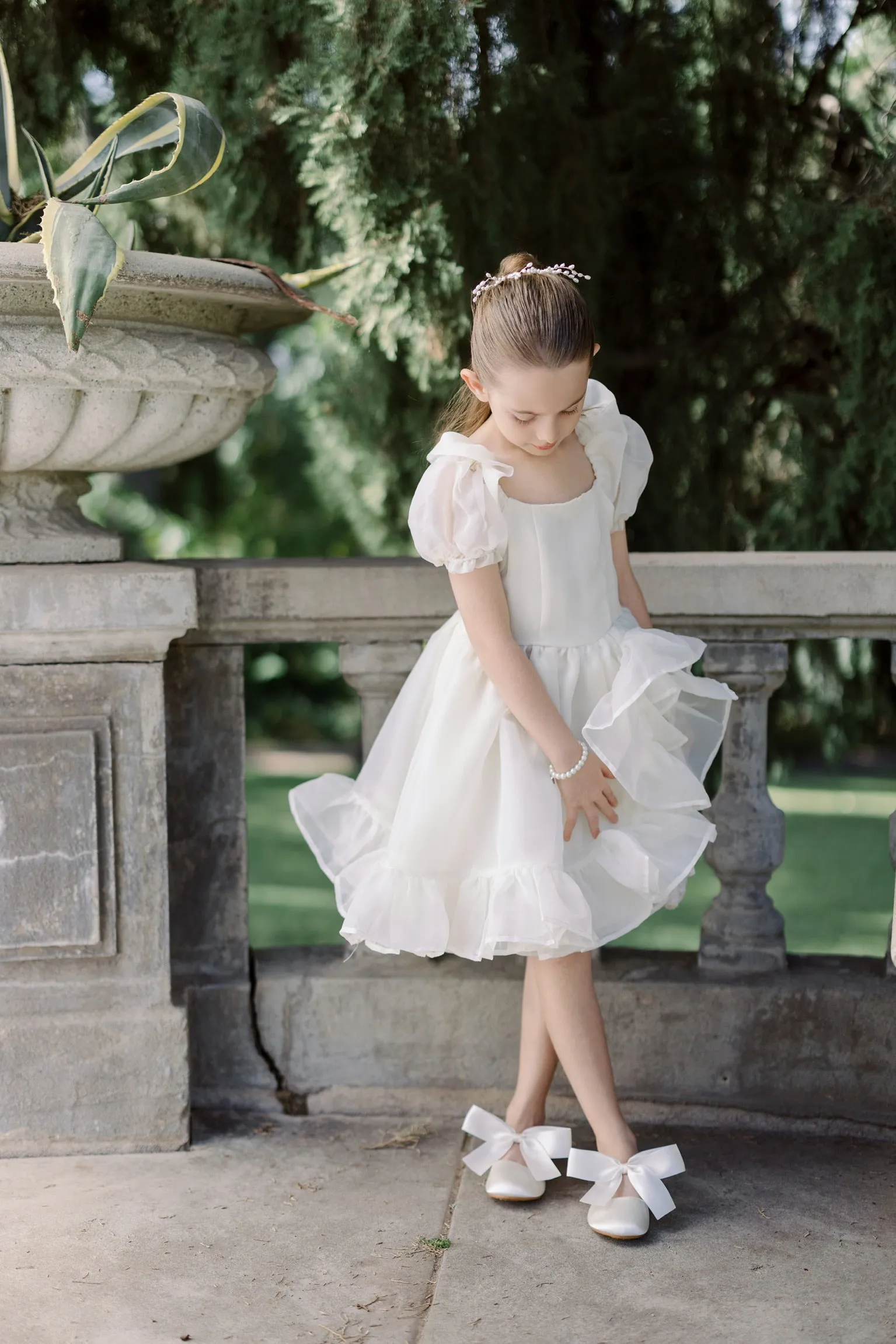 Ivory Satin Mary Jane Flats with Satin Bow