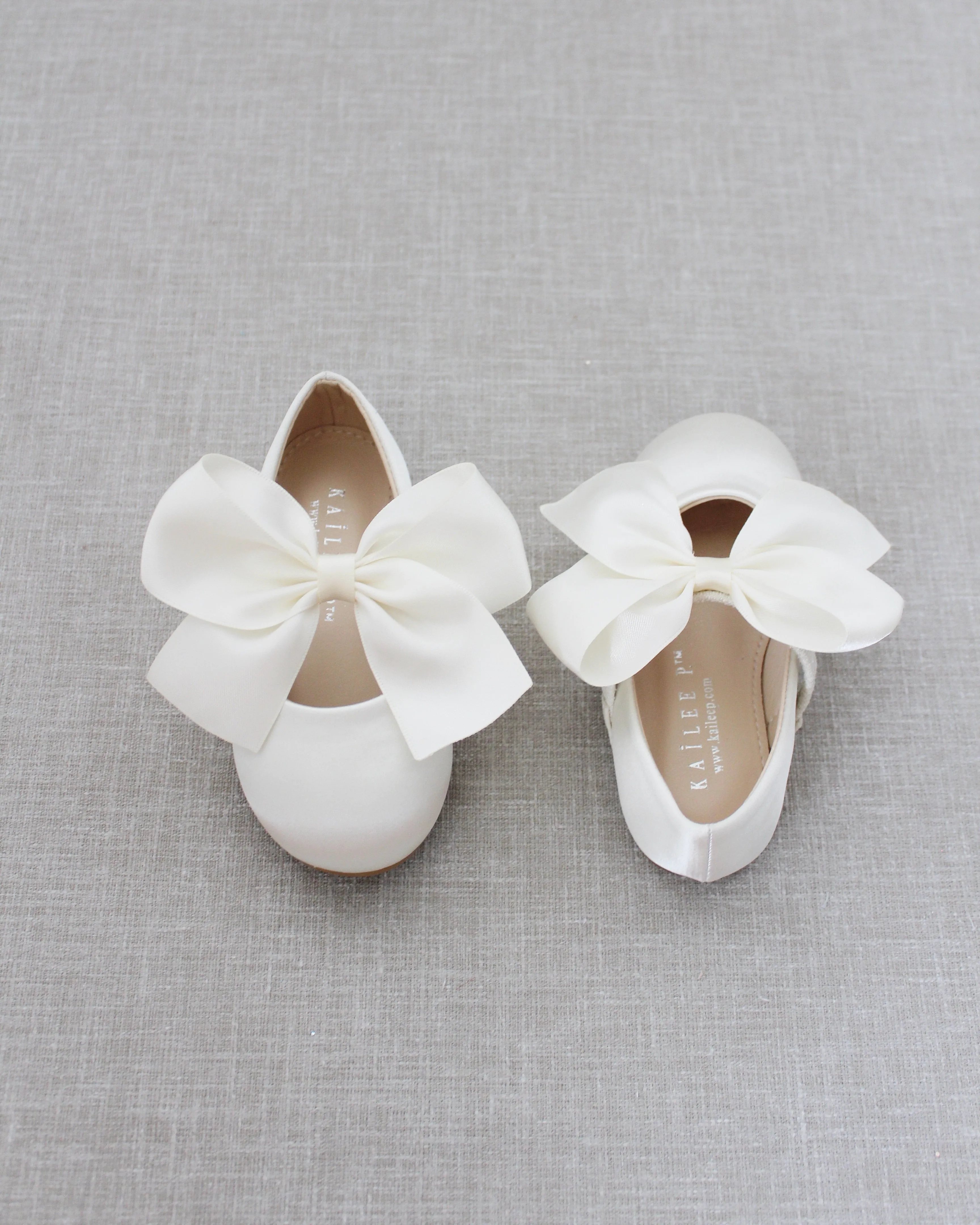 Ivory Satin Mary Jane Flats with Satin Bow