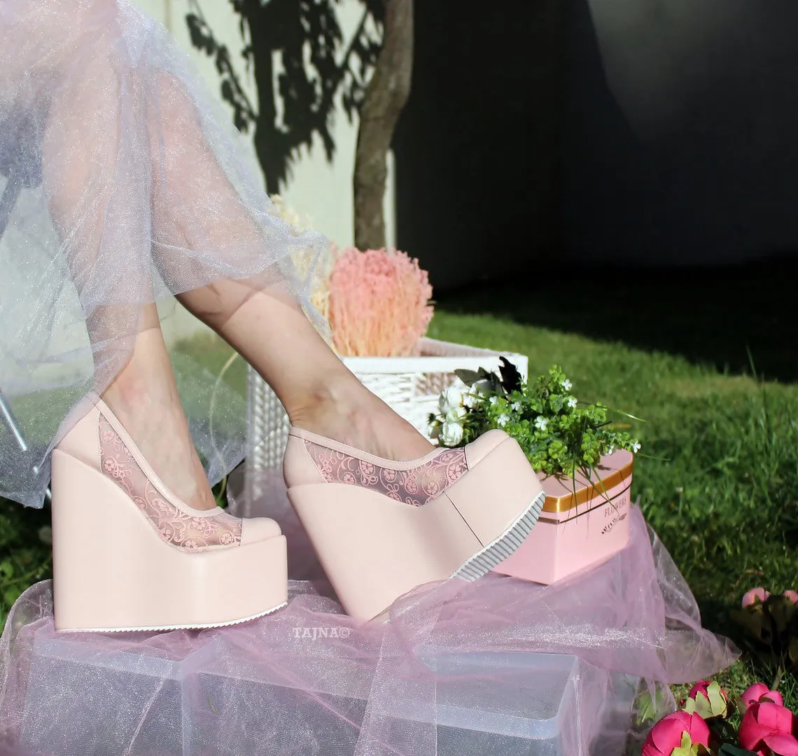 Lace Pink Powder High Heel Wedge Shoes