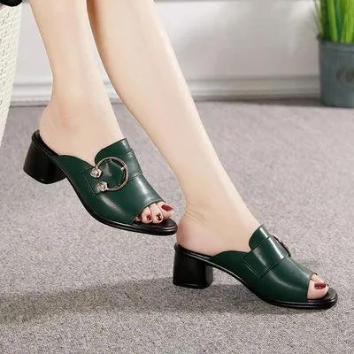 Leather High Heels Women's Casual Shoes Slippers - P630