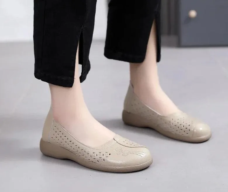 LFN2306 Hollow Leather Flats Loafers: Women's Casual Shoes