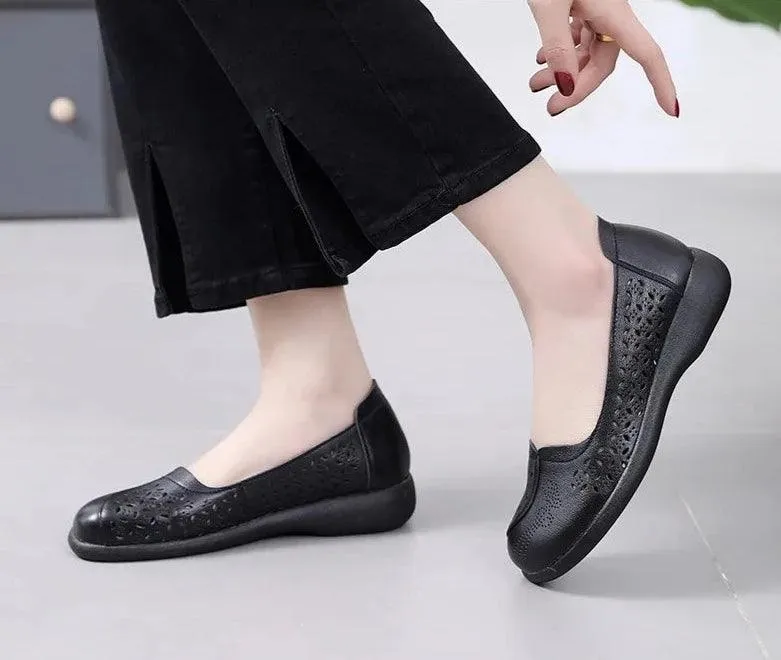 LFN2306 Hollow Leather Flats Loafers: Women's Casual Shoes