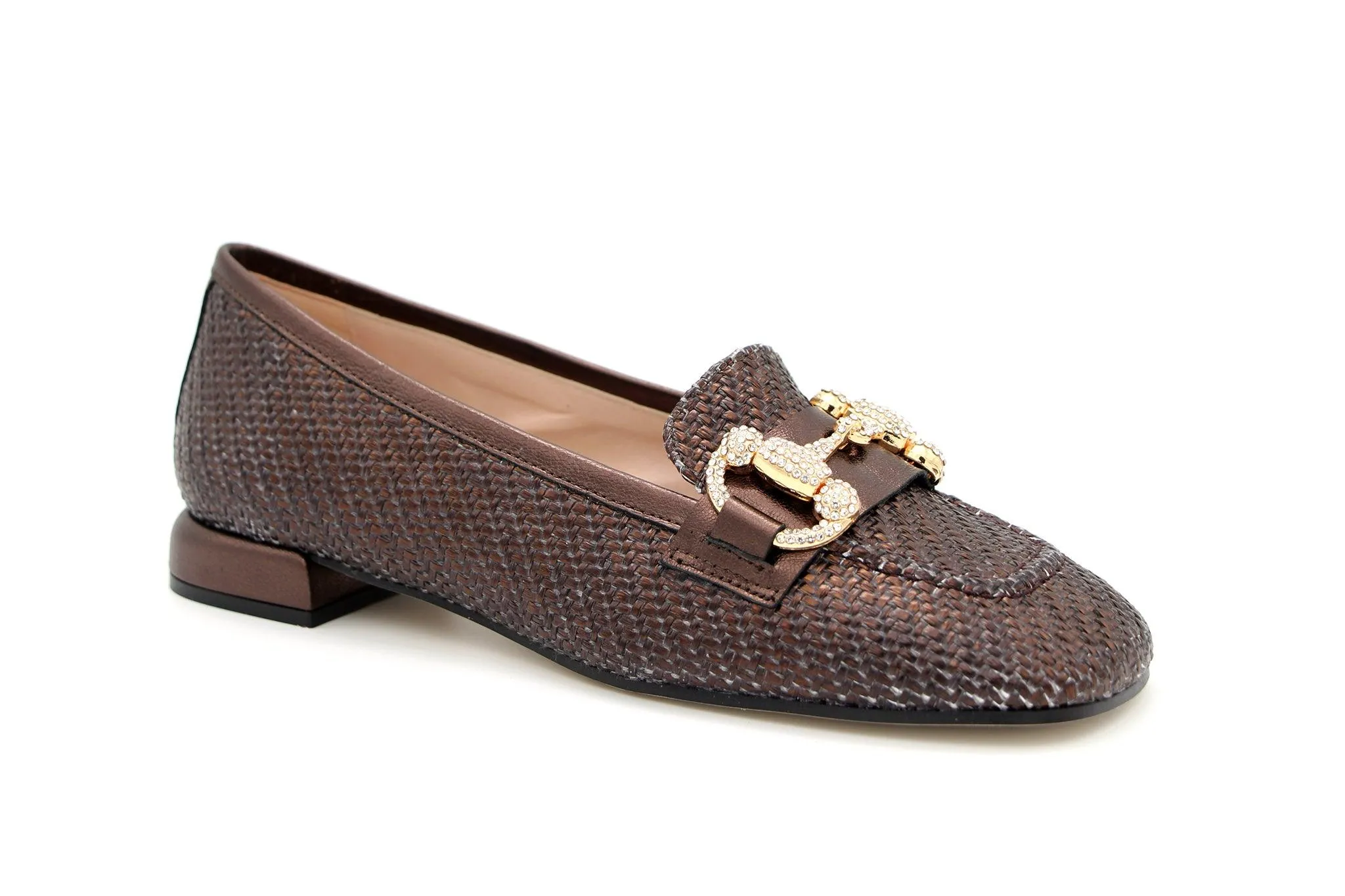 Marian Bronze Woven leather loafer with Embellished Buckle