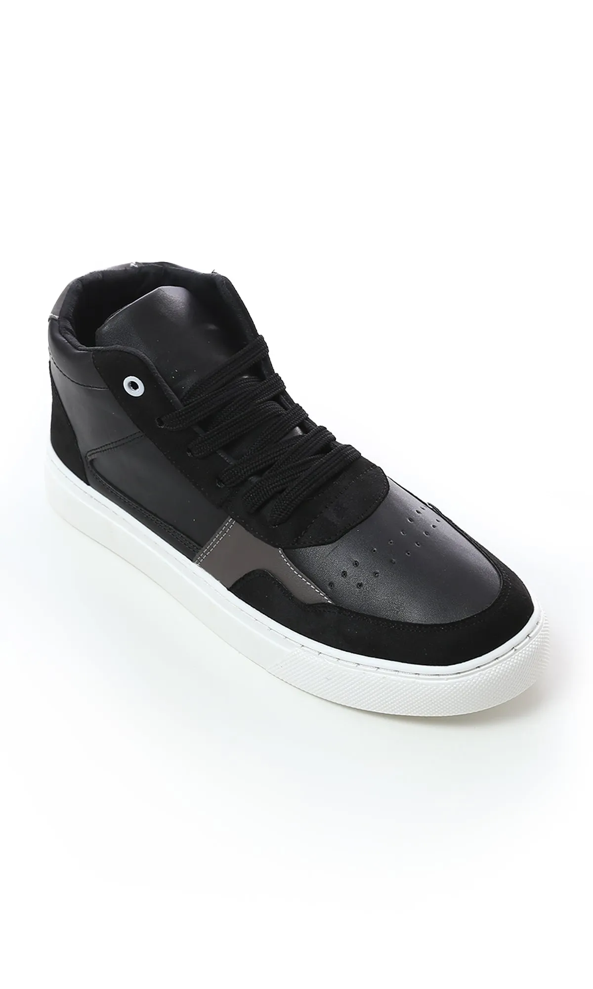 O180406 Lace Up Leather With Suede High-Neck Casual Shoes - Black