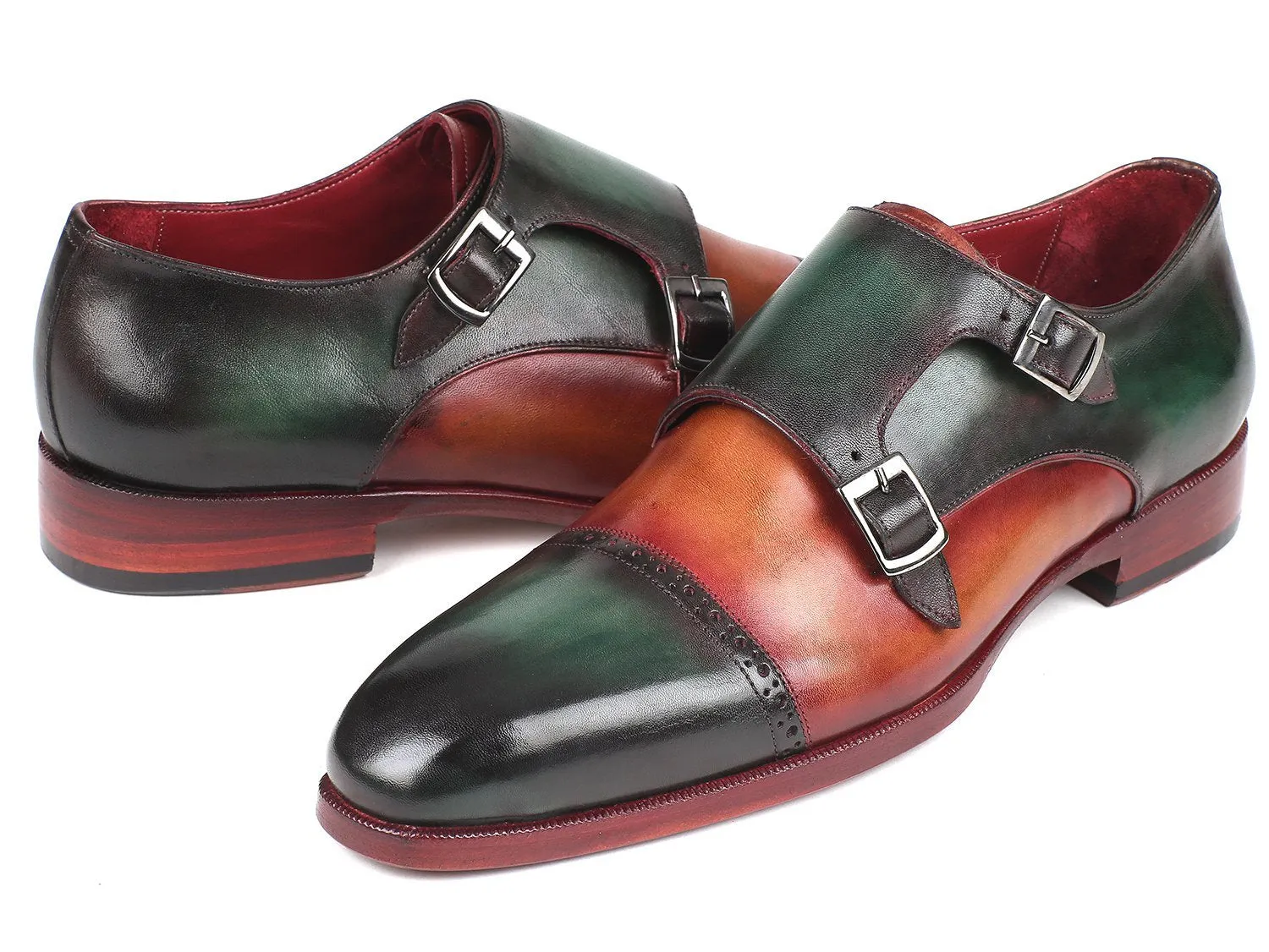 Paul Parkman Captoe Double Monkstraps Green & Camel (ID#045GC61)