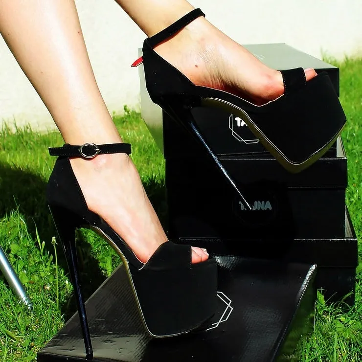 Single Strap Black Suede Platform Sandals