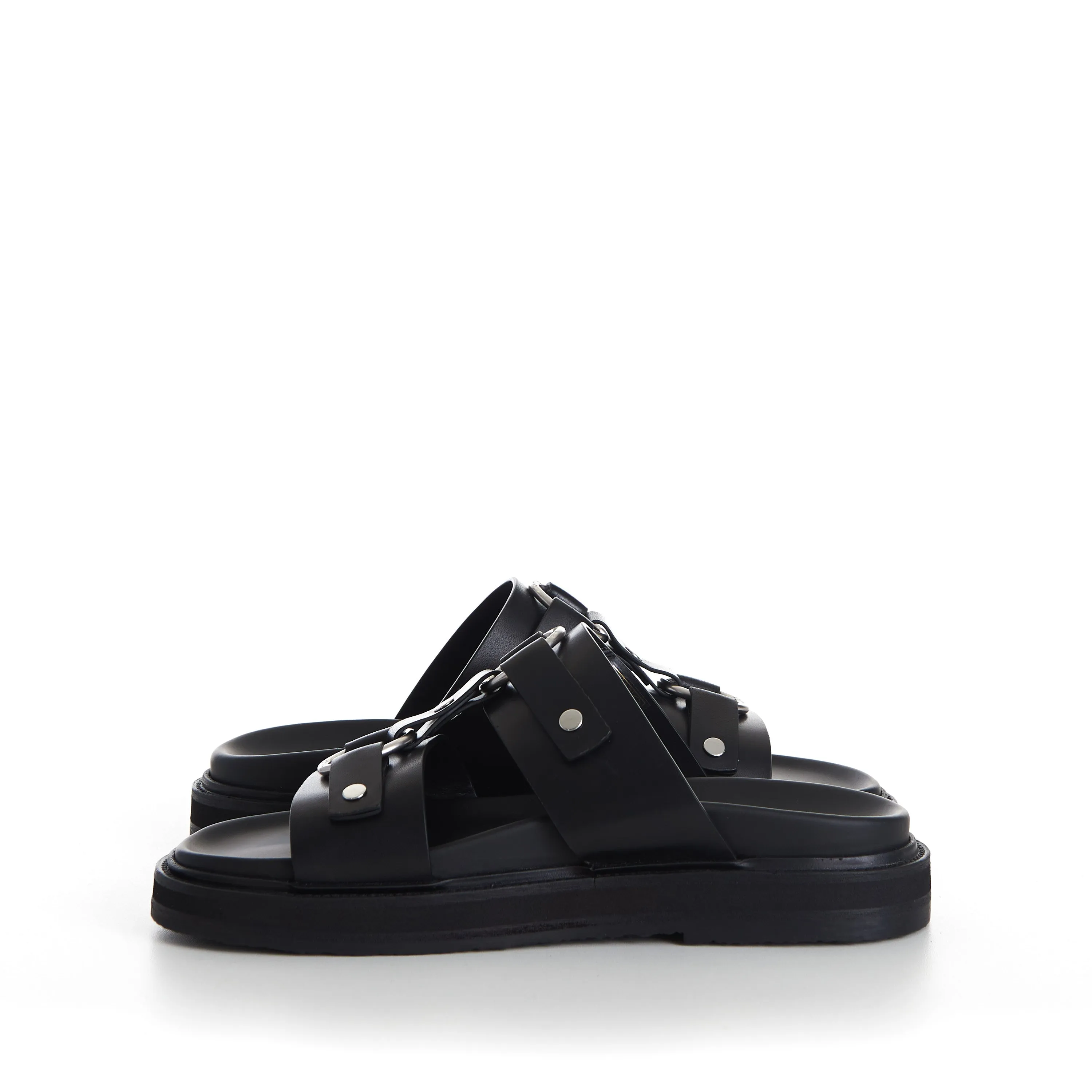 TIPPI Slide Sandals - Black Leather, Metal Ring/Studs