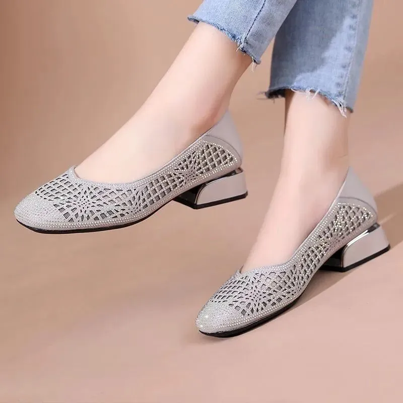 Women's Casual Shoes - Square Heel Hollow Leather Pumps (FM115)