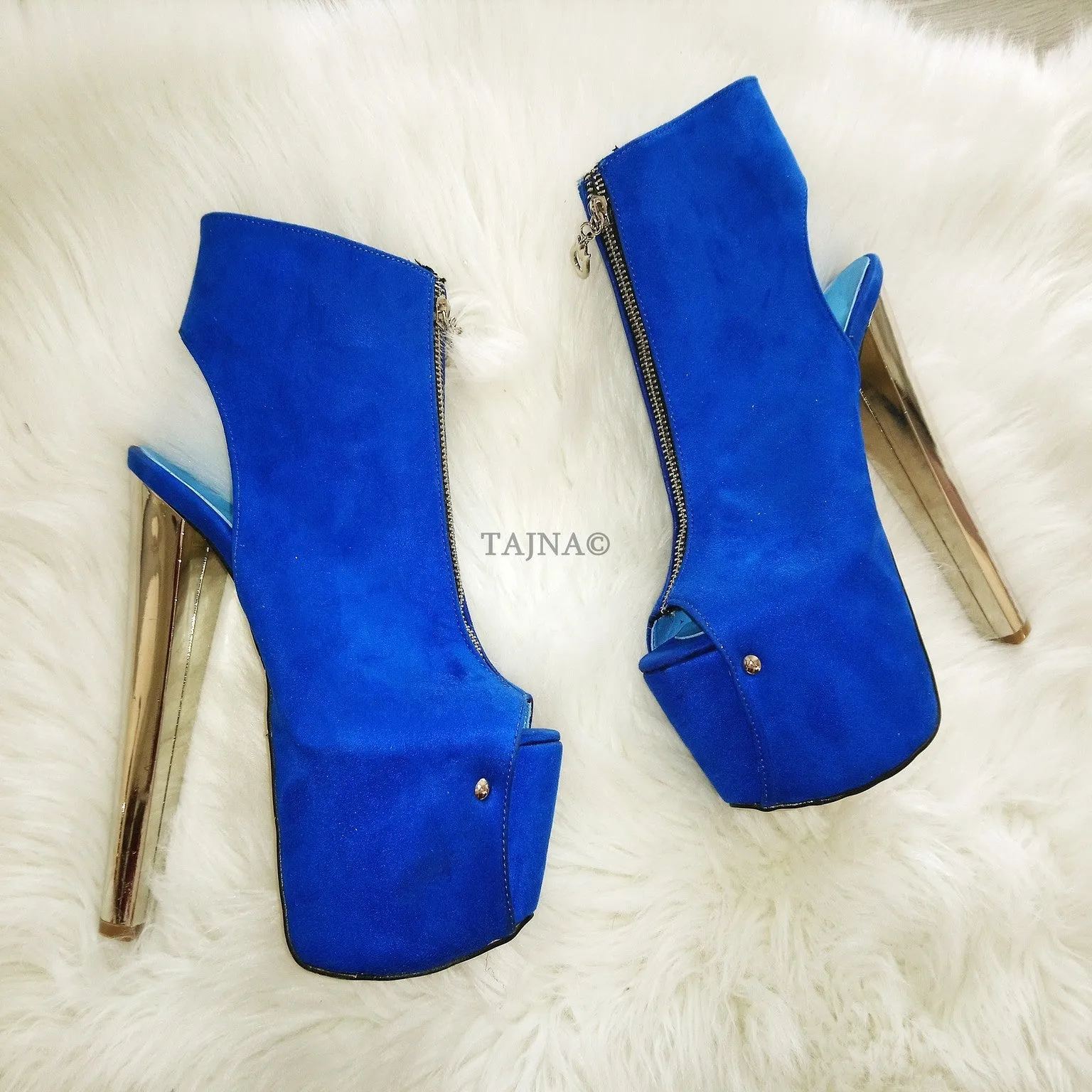 Zipper Detail Silver Heel Saxe Blue Peep Toe Platform Booties