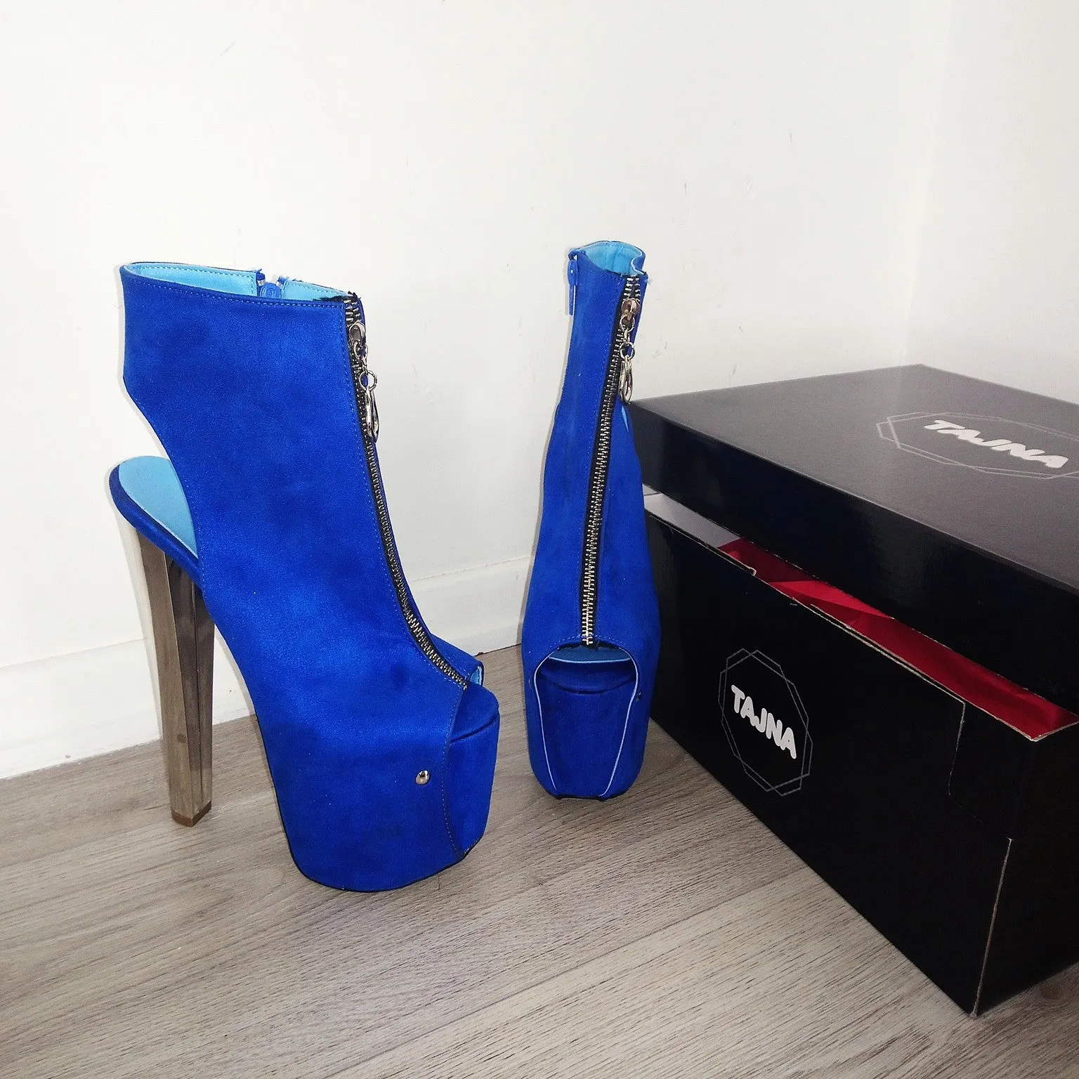 Zipper Detail Silver Heel Saxe Blue Peep Toe Platform Booties